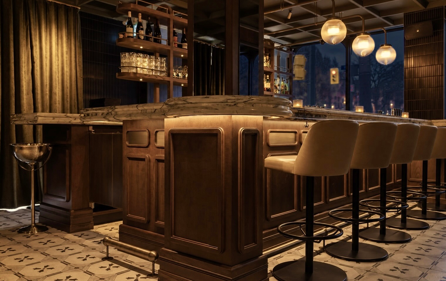 Parquet's marble bar at dusk