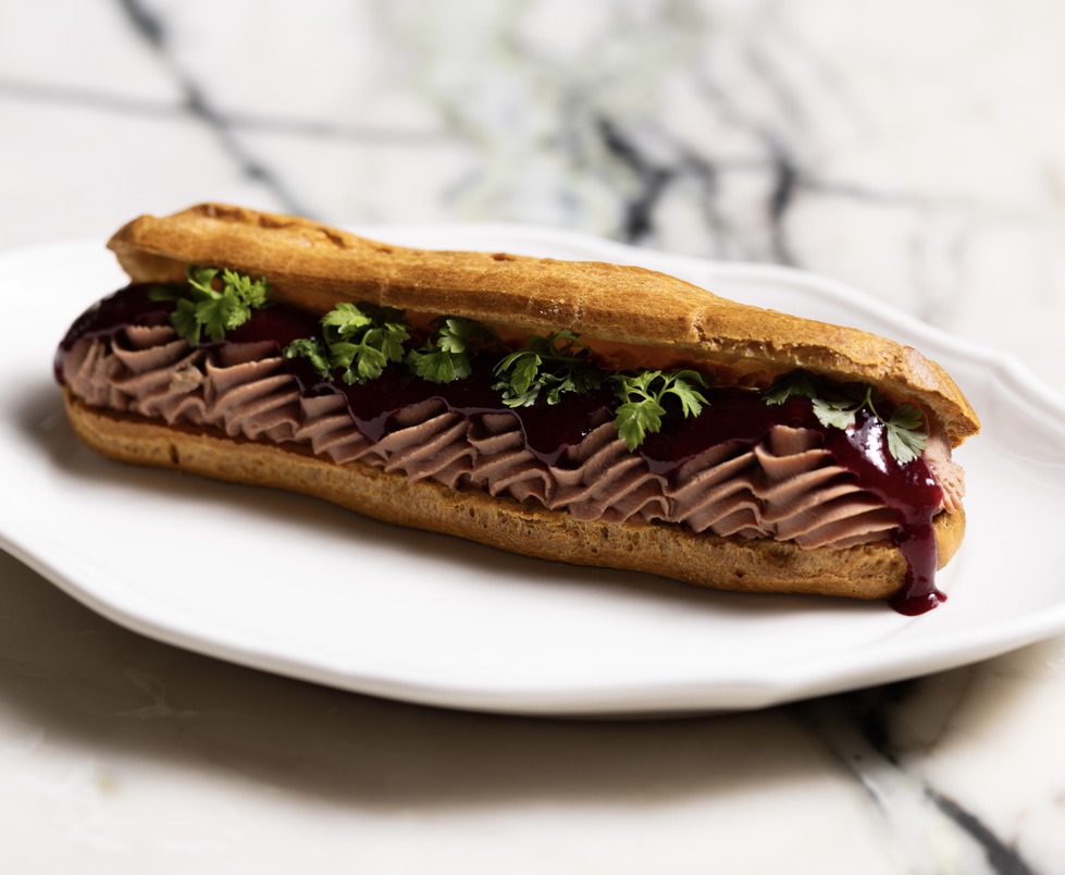 Chicken liver mousse éclair with cherry preserve and chervil